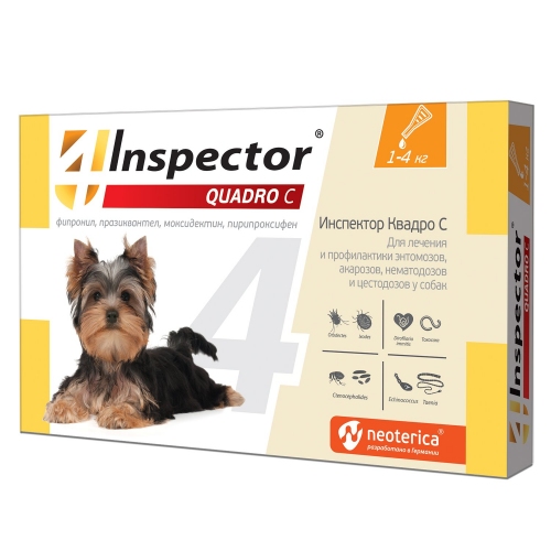 Купить Инспектор QUADRO Капли от внеш. и внутр. паразитов для собак  1-4кг,  (1/40) в интернет-магазине Ravta – самая низкая цена
